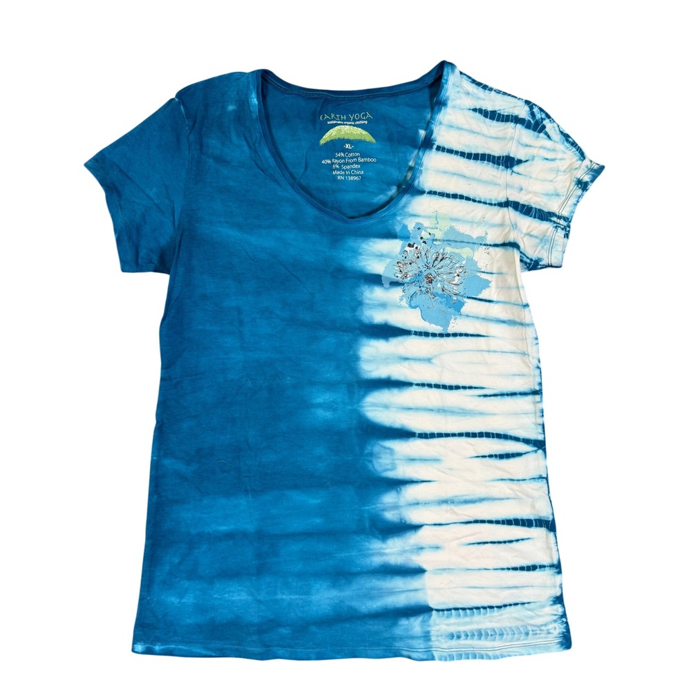 Earth Yoga Blue White Tie Dye V-Neck T-Shirt XL Organic Cotton Bamboo Blend